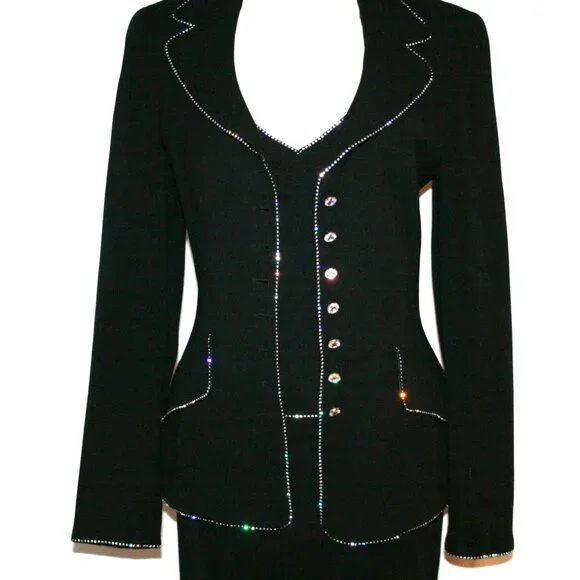 ESCADA Black Wool Crystal Trim 3 pc Evening Suit Jacket Skirt Top 34 US 4